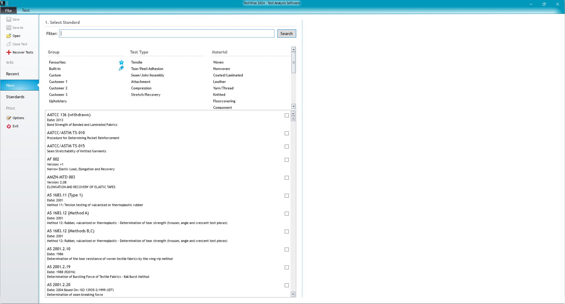 TestWise software - Test standards search and filter (Titan)